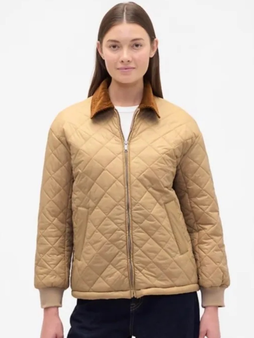 GAP Quilted Tan barn Puffer Jacket with Brown Corduroy Collar